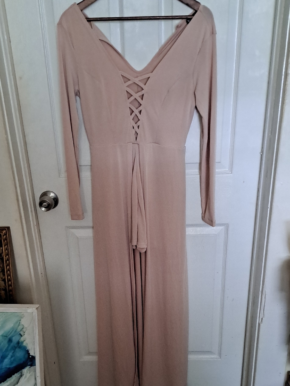 VENUS Blush Pink Long-Sleeve Lace-Up Maxi Dress